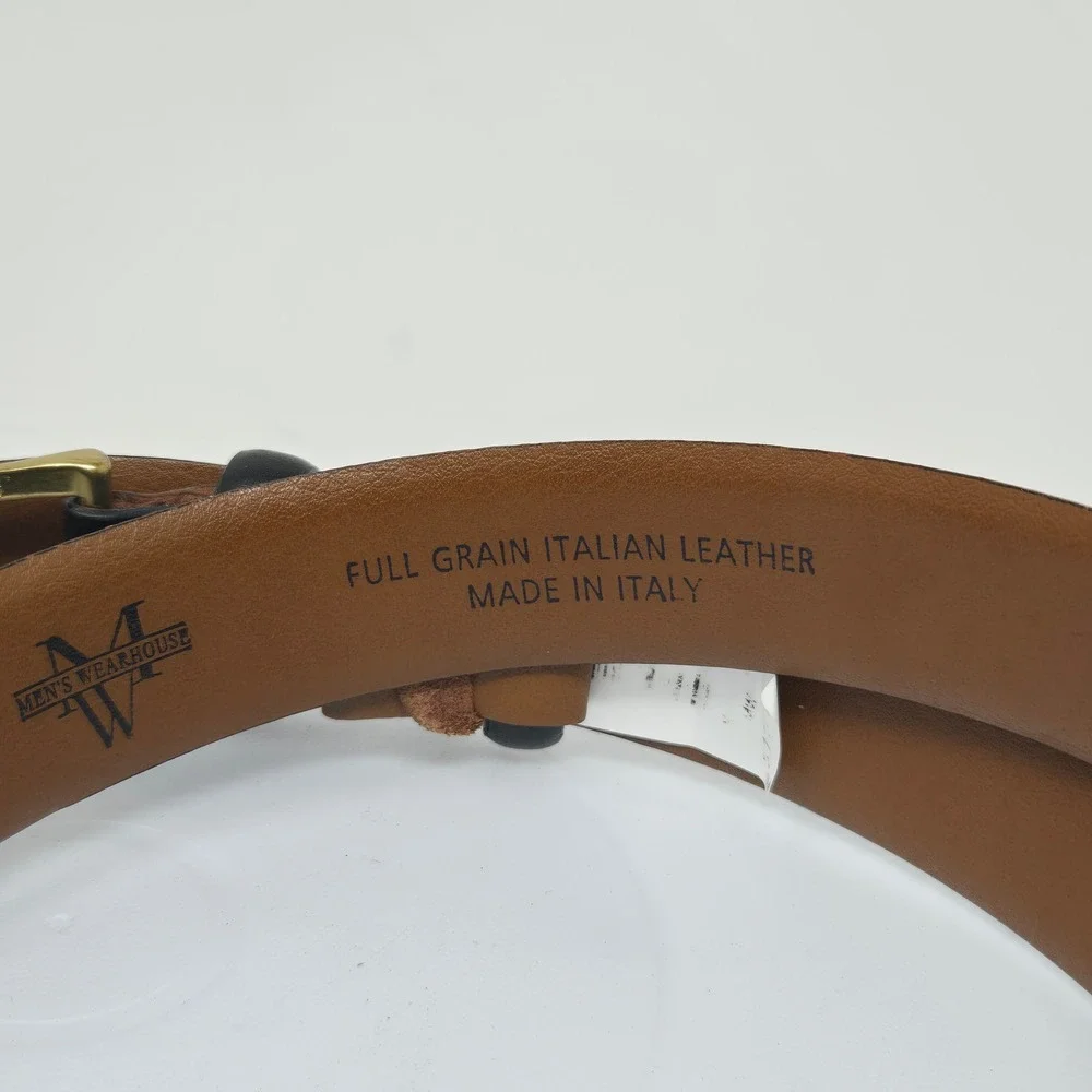 Mens Wearhouse Black Full Grain Italian Leather‎ Belt Solid Brass Buckle 36/90
